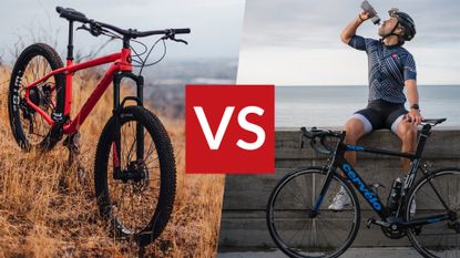 Mountain bike on the left, road bike on the right, VS sign in the middle