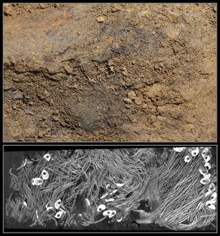Two images: The top show a burial with dirt, while the bottom image shows a black-and-white CT scan of a sash.