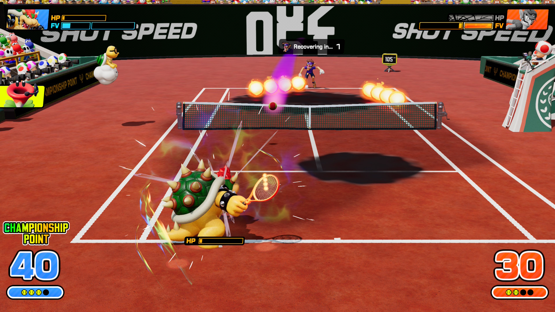 Flames shoot from Waluigi towards Bowser in Mario Tennis Fever
