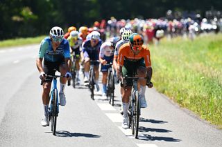 PLATEAU DE BEILLE FRANCE JULY 14 LR Nans Peters of France and Decathlon AG2R La Mondiale Team and Michael Matthews of Australia and Team Jayco AlUla attack during the 111th Tour de France 2024 Stage 15 a 1977km stage from Loudenvielle to Plateau de Beille 1782m UCIWT on July 14 2024 in Plateau de Beille France Photo by Tim de WaeleGetty Images