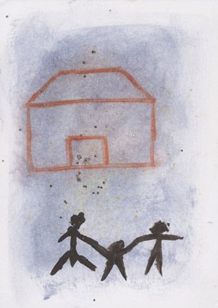 Stick drawing of a house and three people stood outside