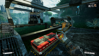 En spelare håller på att bygga något i en sci-fi-miljö i spelet Satisfactory.