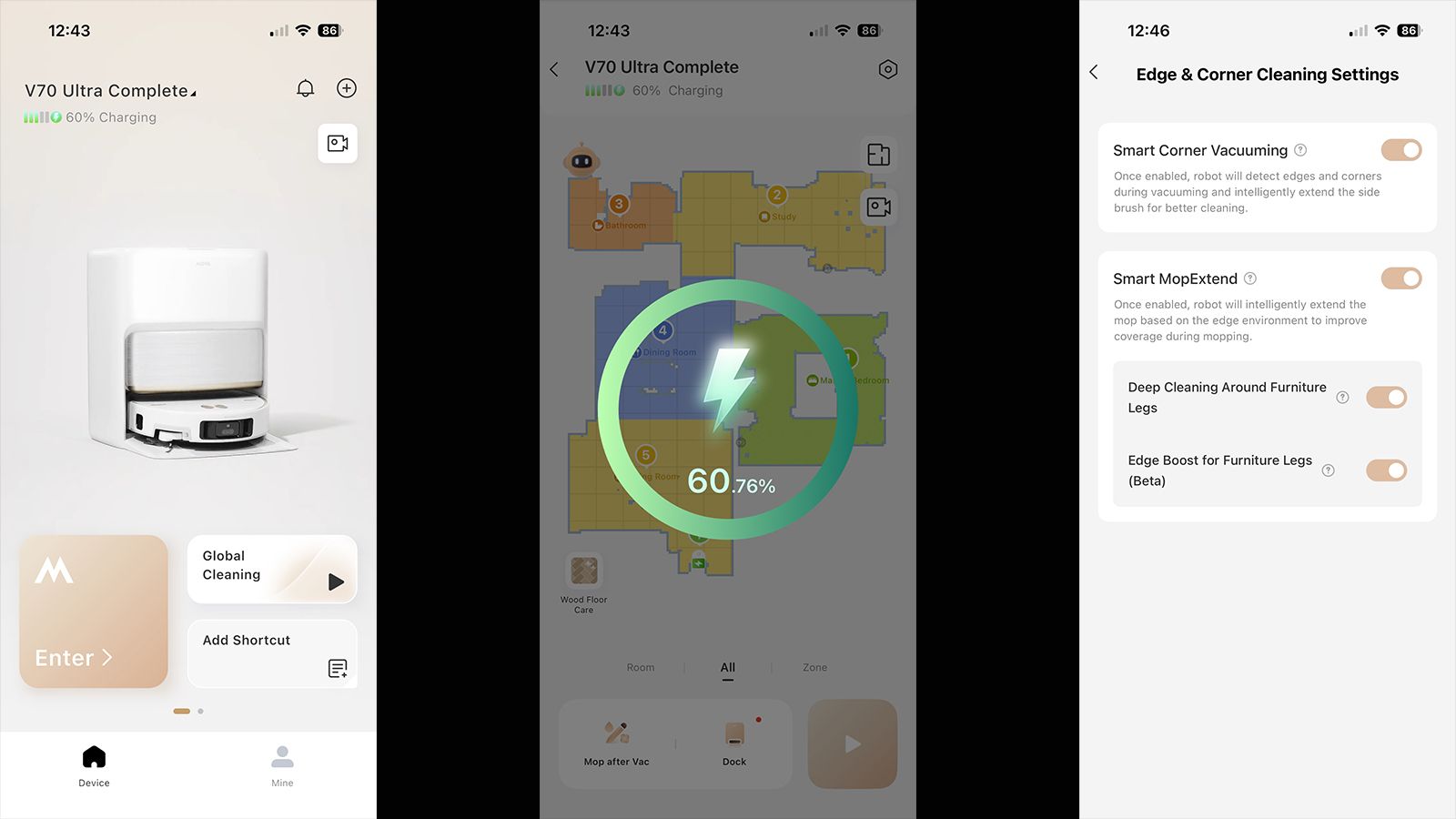 Screenshots from the MOVAHome app on iOS