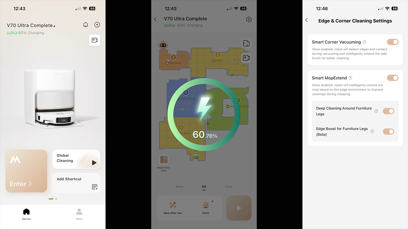 Screenshots from the MOVAHome app on iOS