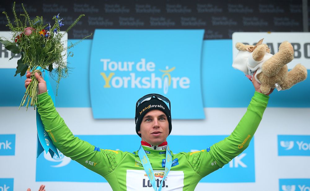 Dylan Groenewegen of Team Lotto NL-Jumbo and the Netherlands wins the points jersey after the third stage of the 2016 Tour de Yorkshire