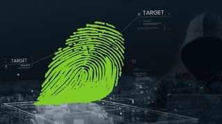 A hooded figure stands next to a green fingerprint above a glass outline of a phone screen with labels that read "target"