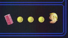 Photo collage emulating a Pacman screen, with Trump's head eating dollar coins and an oil barrel