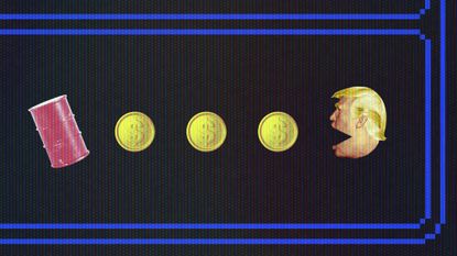 Photo collage emulating a Pacman screen, with Trump's head eating dollar coins and an oil barrel