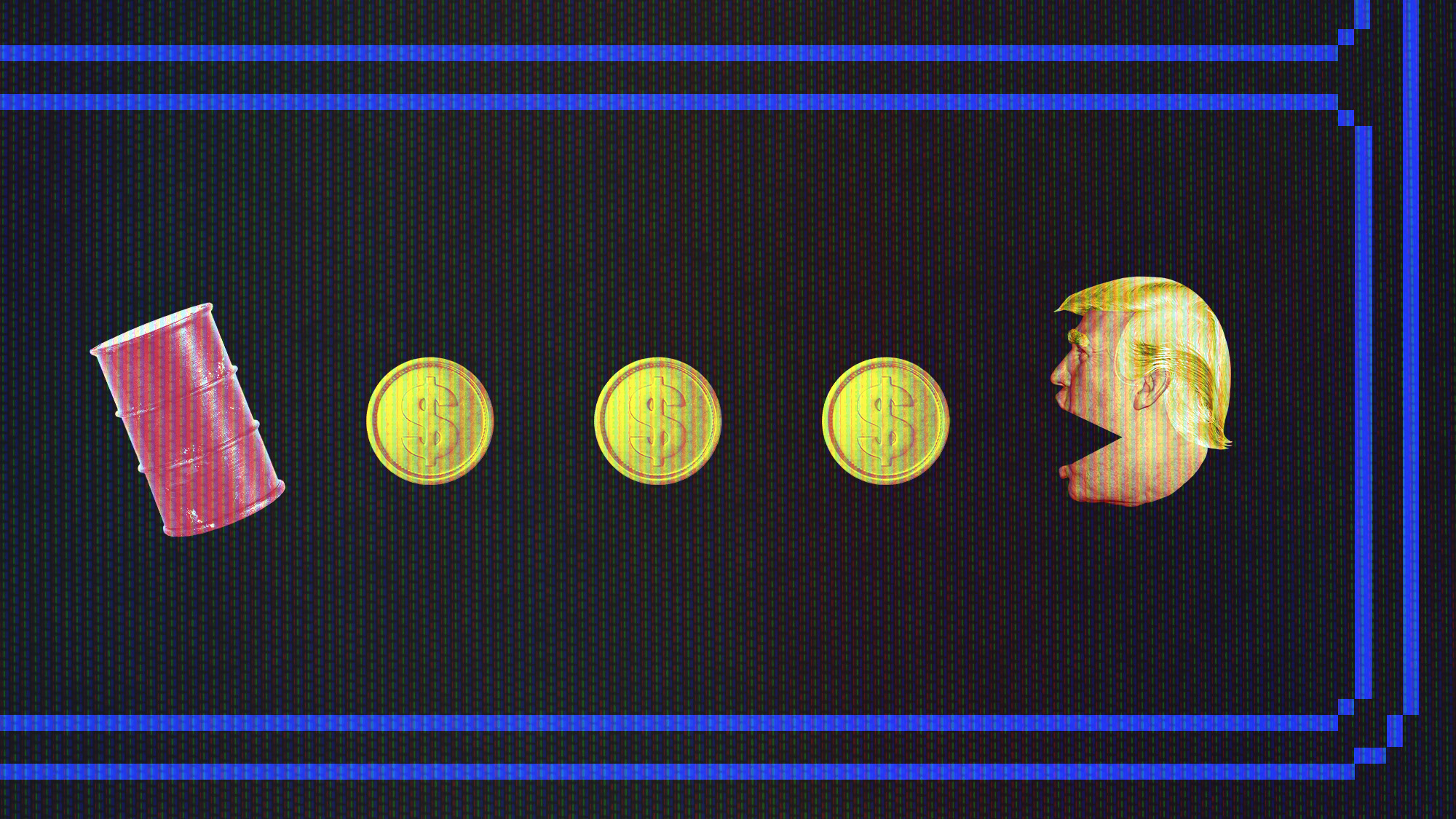 Photo collage emulating a Pacman screen, with Trump's head eating dollar coins and an oil barrel
