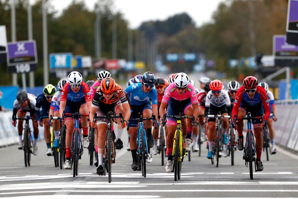 OUDENAARDE BELGIUM OCTOBER 18 Arrival Amalie Dideriksen of Denmark and Boels Dolmans Cycling Team Barbara Guarischi of Italy and Movistar Team Peloton during the 17th Tour of Flanders 2020 Ronde van Vlaanderen Women Elite a 1356km stage from Oudenaarde to Oudenaarde RVV20 FlandersClassic on October 18 2020 in Oudenaarde Belgium Photo by Bas CzerwinskiGetty Images
