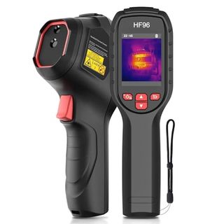 Two side of the same Thermal Camera with example image showing on its LCD screen with purple picture and bright yellow area showing moisture