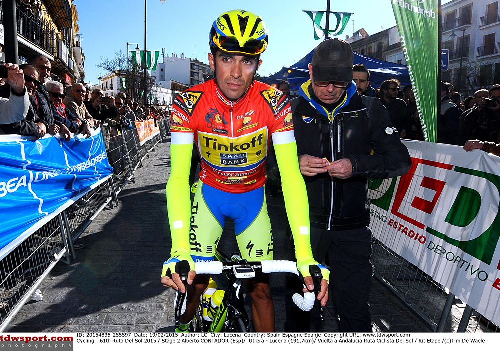 Alberto Contador (Tinkoff-Saxo) heads to the stage 2 start