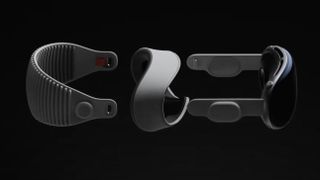 Das Apple Vision Pro Headset in drei Teilen auf schwarzem Hintergrund