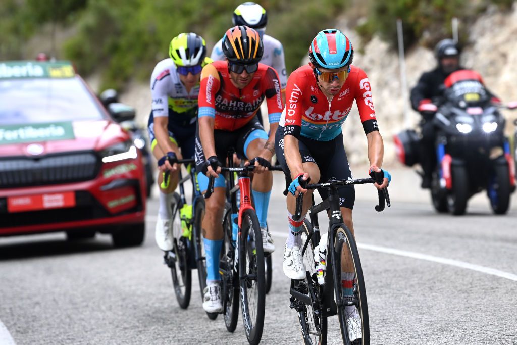 Andreas Kron (Lotto Dstny) sets the pace at the front of the late race breakaway