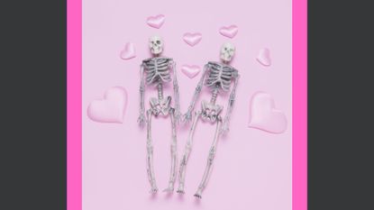halloween sex positions feature image: two skeletons holding hands on pink background with hearts