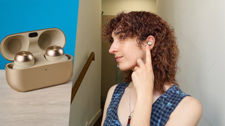 the technics az100 earbuds being worn and photographed in the tom's guide studio