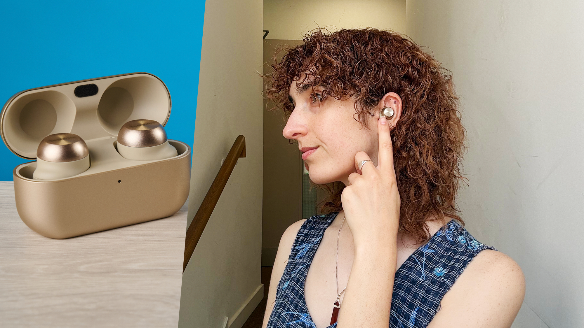 the technics az100 earbuds being worn and photographed in the tom's guide studio