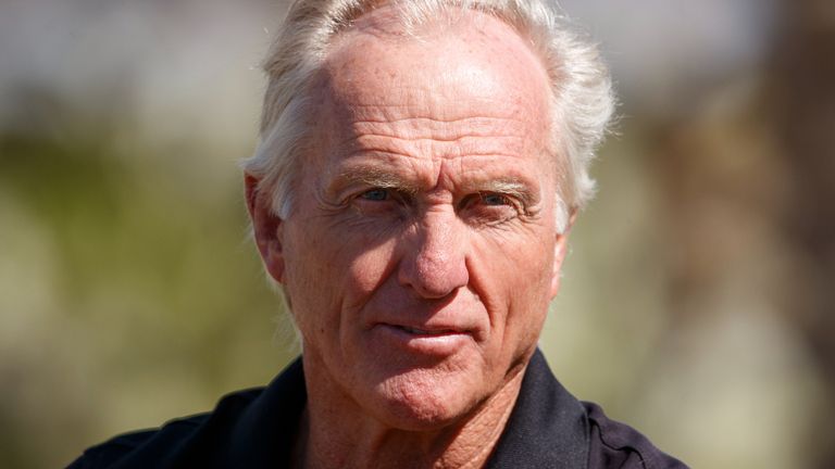 Greg Norman speaks to the press prior to the 2022 Saudi International