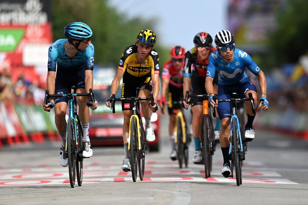 RINCON DE LA VICTORIA SPAIN AUGUST 24 LR Aleksander Vlasov of Russia and Team Astana Premier Tech Sepp Kuss of United States and Team Jumbo Visma and Miguel ngel Lpez Moreno of Colombia and Movistar Team cross the finishing line during the 76th Tour of Spain 2021 Stage 10 a 189km stage from Roquetas de Mar to Rincn de la Victoria lavuelta LaVuelta21 on August 24 2021 in Rincon De La Victoria Spain Photo by Stuart FranklinGetty Images