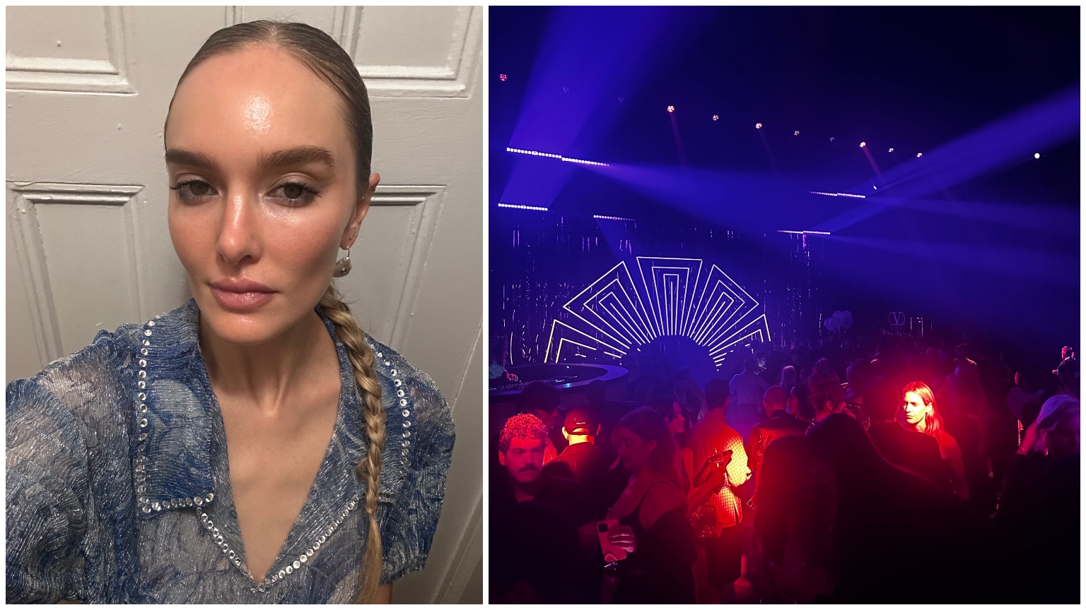 Hannah Baxter with a blue sparkle shirt on and a blue- and red-toned party
