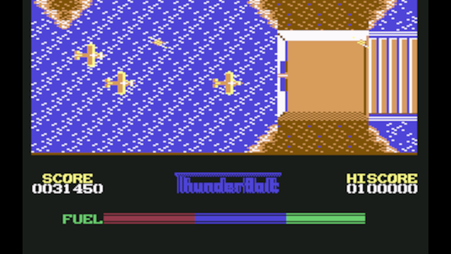 Planes fly along the screen above water in ThunderBolt for Commodore