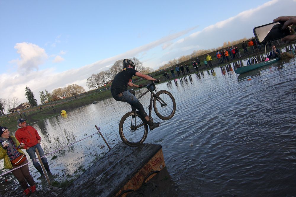 Riders had the option of jumping into the giant puddle of standing water on the course.