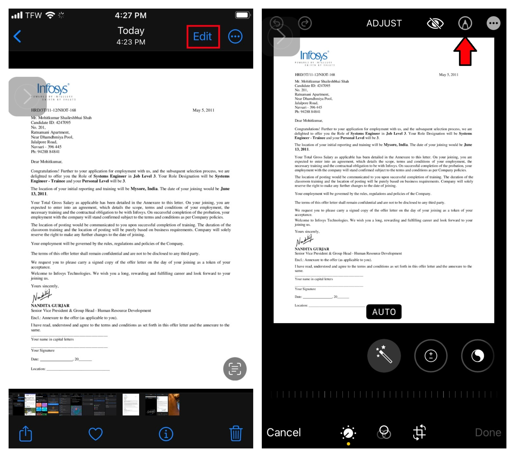 Steps 2 and 3 for how to sign documents on iPhone