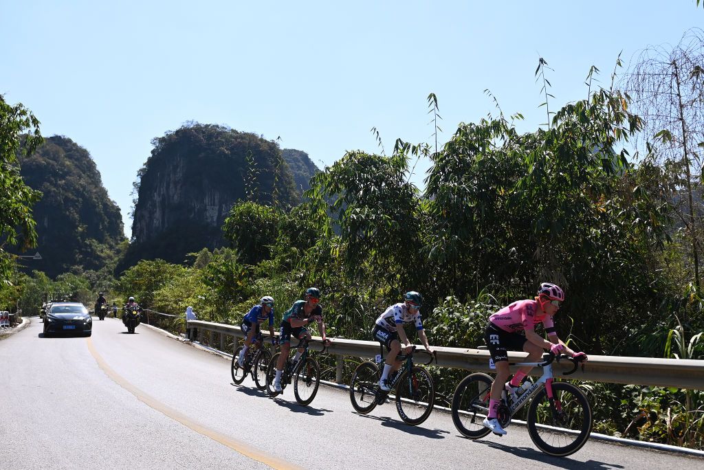 GUILIN CHINA OCTOBER 16 LR Dries De Bondt of Belgium and Team AlpecinDeceuninck Blue Sprint Jersey Ryan Mullen of Ireland Frederik Wandahl of Denmark and Team BORAHansgrohe Polka dot Mountain Jersey and Julius Van Den Berg of The Netherlands and Team EF EducationEasypost compete in the breakaway during the 4th GreeTour of Guangxi 2023 Stage 5 a 2096km stage from Liuzhou to Guilin UCIWT on October 16 2023 in Guilin China Photo by Tim de WaeleGetty Images