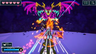 A neon-coloured dragon awaits the player as they move along rhythm tracks