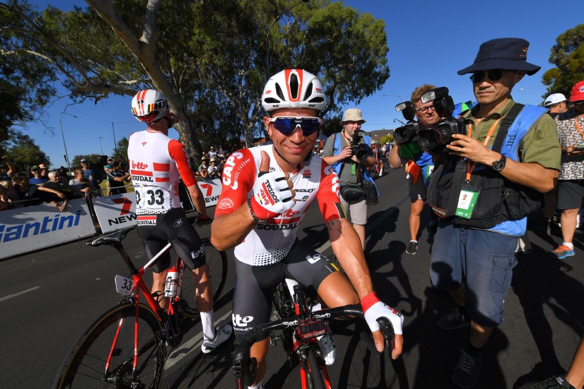 It's a thumbs up from Caleb Ewan (Lotto Soudal) after his win