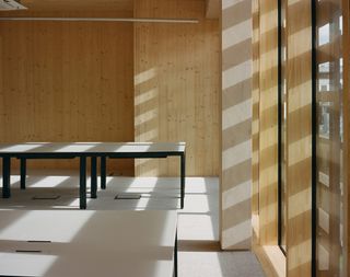interior with timber and sunlight at the black & white building in london