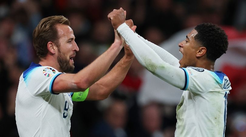 Harry Kane and Jude Bellingham celebrate a goal for England against Italy in Euro 2024 qualifying in Octber 2023.