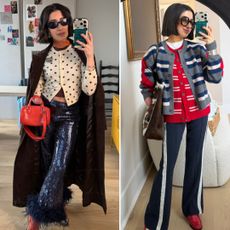 a collage of april lockhart wearing sweatpants alternative pants with colorful patterned sweaters and boots in mirror selfies