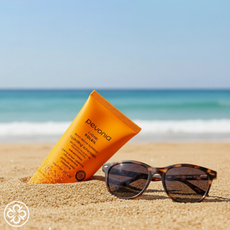 Pevonia Hydrating Sunscreen on a beach with sea and sunglasses 