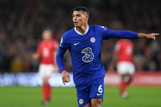 Thiago Silva gestures while playing for Chelsea against Nottingham Forest, 2023