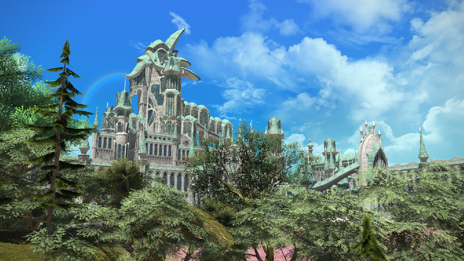 The beautiful spires of the Pilgrim&#039;s Traverse rise above a thick woodland in Final Fantasy 14.