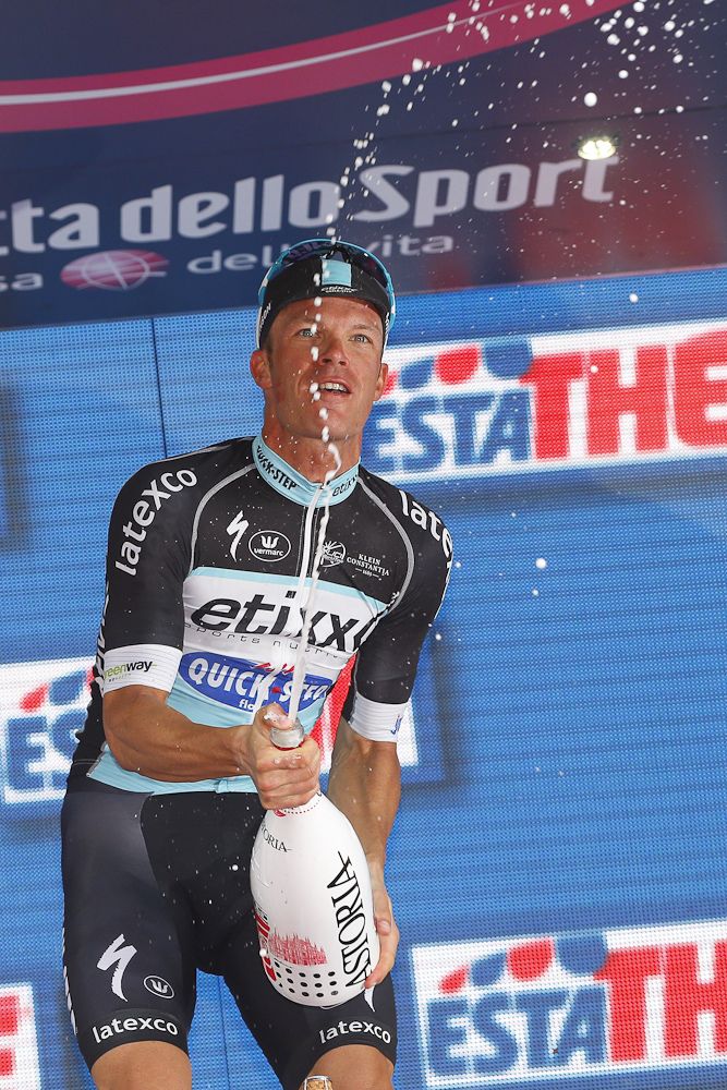Iljo Keisse enjoys his time on the final Giro d'Italia podium.