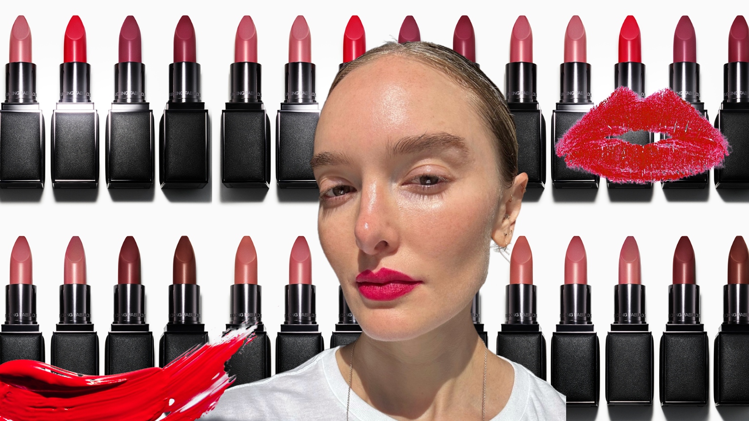 hannah baxter wearing pink lipstick against a black and white background of lipstick bullets