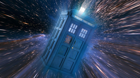 The police box shaped Tardis pictured flying through space