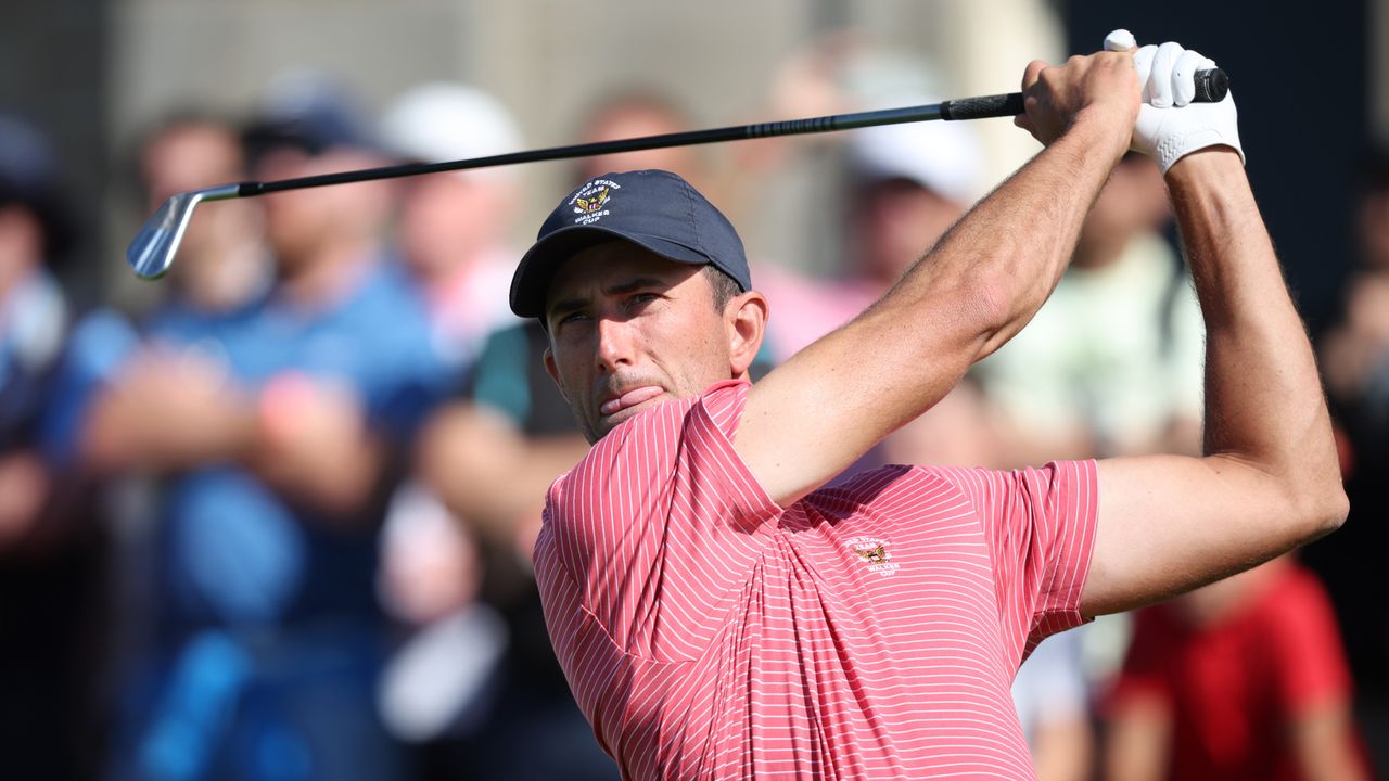 Stewart Hagestad hits a drive during the 2023 Walker Cup at St Andrews