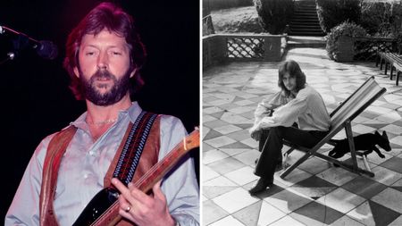 a split screen with eric clapton with his guitar on the left and his outdoor furniture on the right