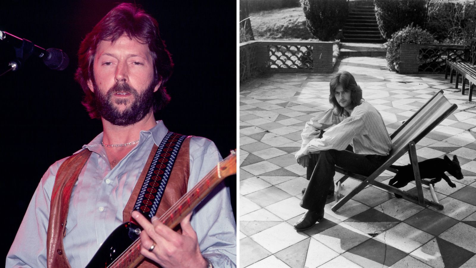 a split screen with eric clapton with his guitar on the left and his outdoor furniture on the right