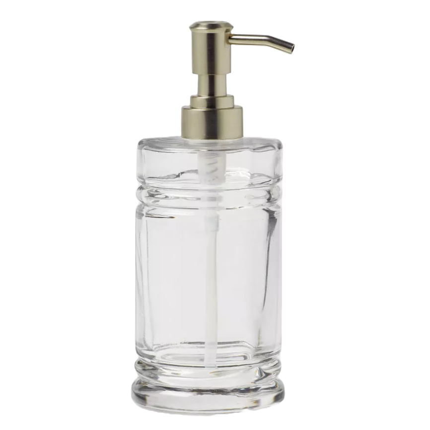 a transparent glass soap dispenser with a silver metal pump