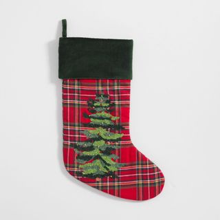 Plaid stocking with embroidered christmas tree