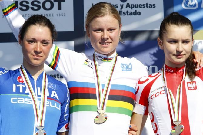 The podium for the junior women's road race at Worlds 2014