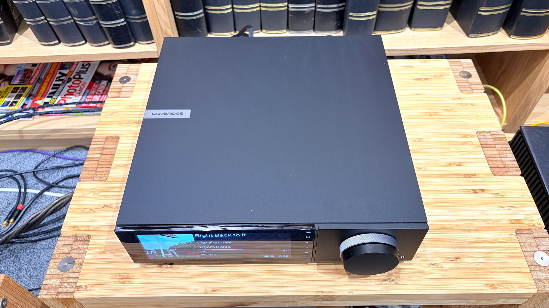 Cambridge Audio Evo 150 SE music streamer on wooden hi-fi rack, top down view