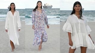 three women at miami swim week on the beach runway for Acacia fashion