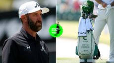 Dustin Johnson searches on as he stands next to a bag