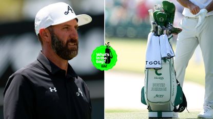 Dustin Johnson searches on as he stands next to a bag
