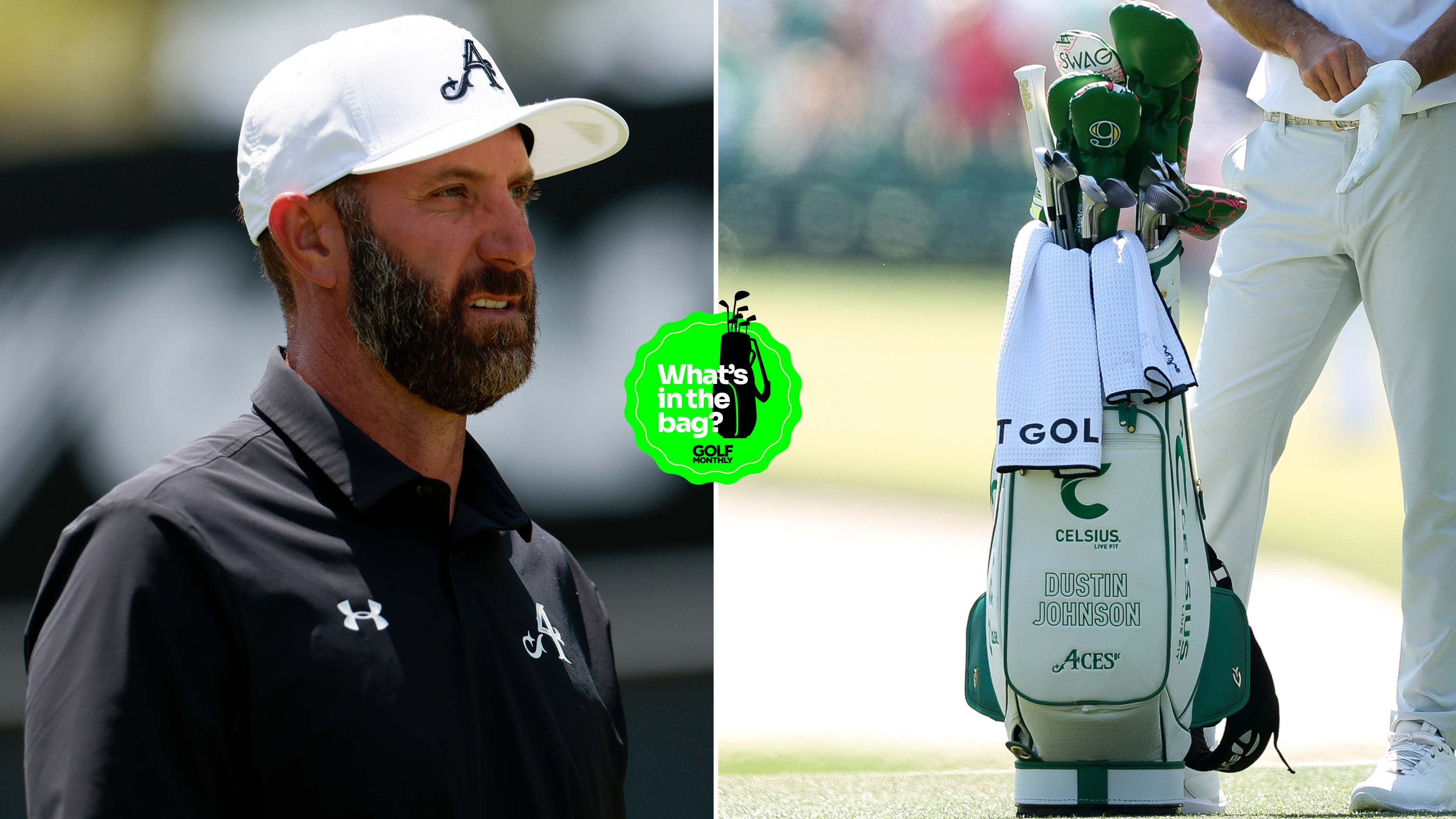 Dustin Johnson searches on as he stands next to a bag